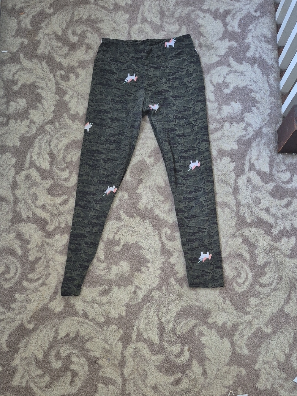LuLaRoe Olive Camo Leggings with Pink Unicorns